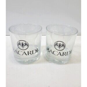 2 Bacardi Rum Barware  Lowball Cocktail Glasses Etched Name & Bat Logo 3 1/4"
